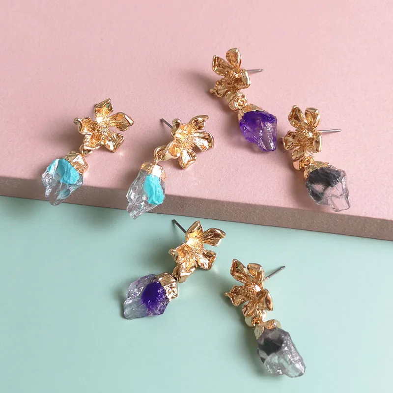 HOVANCI Bohemian Retro Gold Plated Flora Geometric Druzy Drop Earrings Flower Shape Purple Natural Stone Crystal Earring