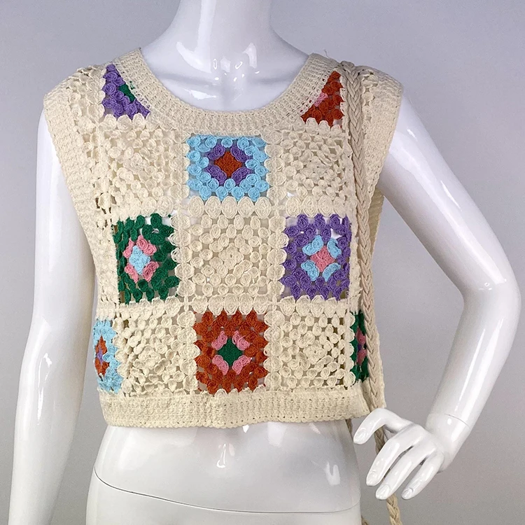 Plaid Sleeveless Crochet Vest  Women Style Sweater Top customize Crochet Clothing Popular Crochet Tank Top