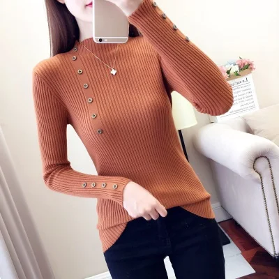 K105 Women Knitted Slim Sweaters Solid Knitted Female Cotton Soft Elastic Color Pullovers Button Full Sleeve Turtleneck