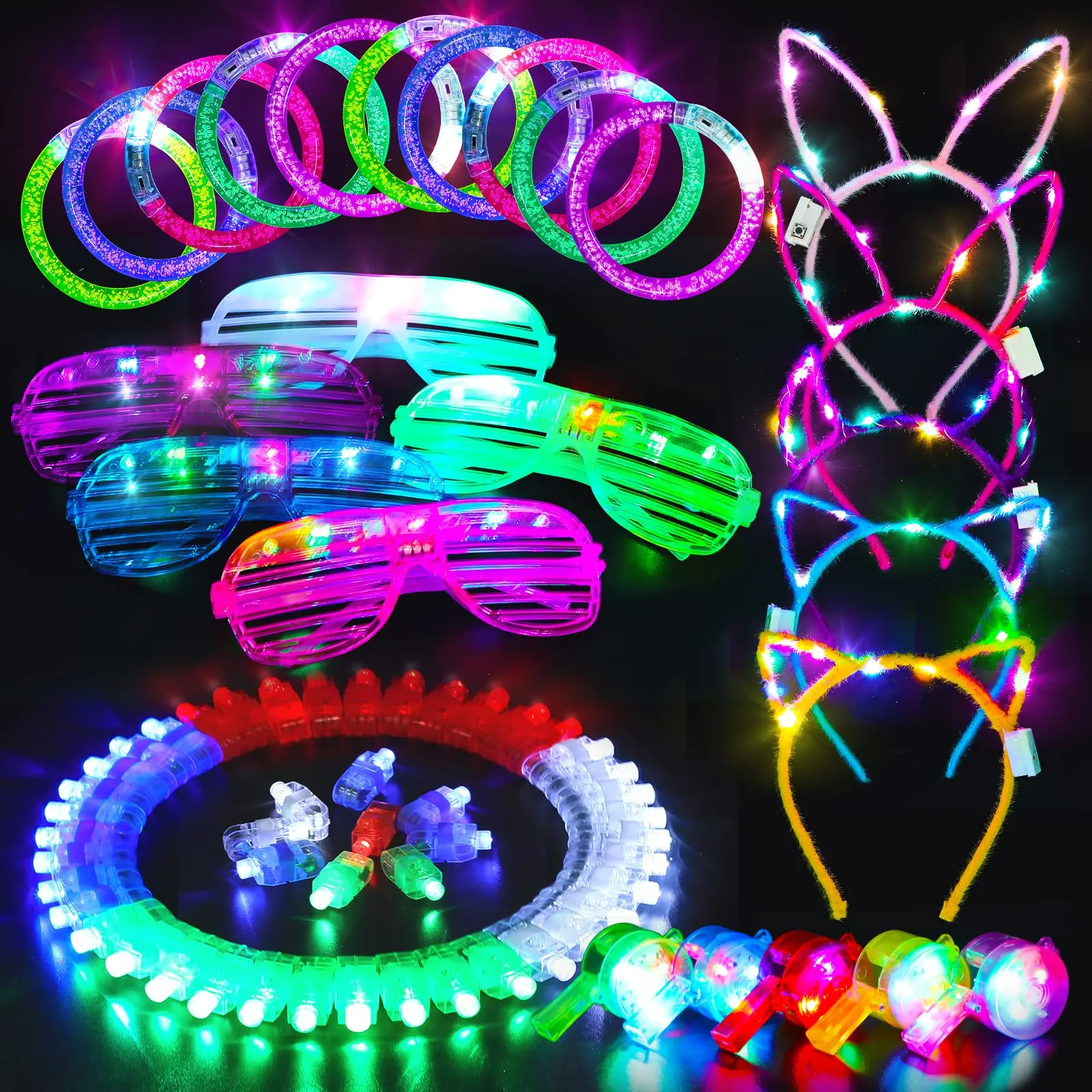65PCs LED Light Up Toy Set Favors Glow In The Dark Hair Braid Finger Lights Adult Kids Birthday Halloween Party Props Supplies
