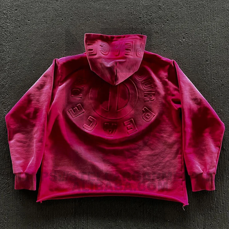 Cropped Raw Hem Hoodie Custom French Terry Patch Embroidered Distressed Applique Acid Wash Embossed Hoodie Men