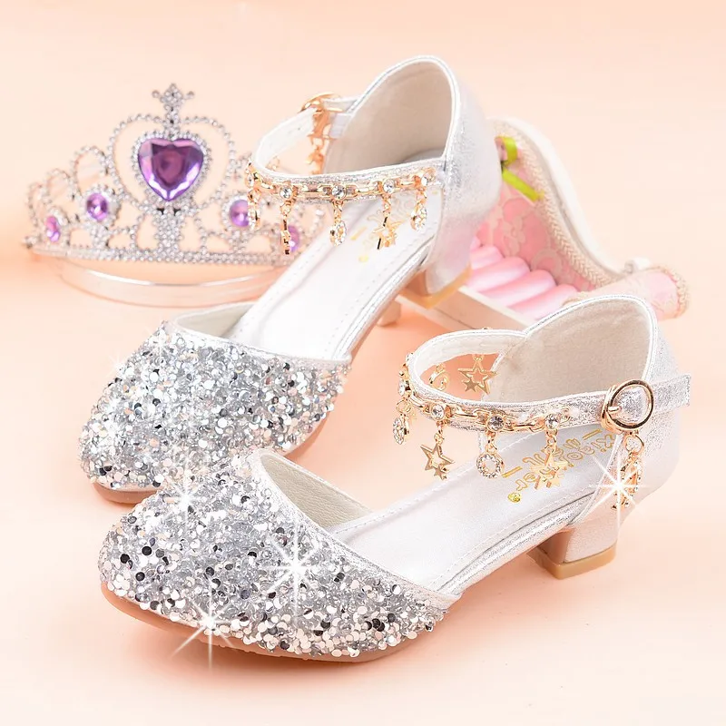 New Princess Fashion Girls Shoes Glitter Shiny Sandals Girls High Heel beautiful Shoes With Rhinestone School Party Show Shoe