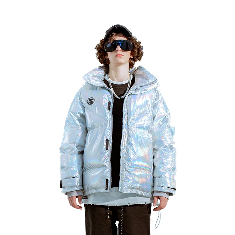 Oem Custom Silver Women Bubble Streetwear Padded Cotton Reflective Rainbow Puffer Outdoor Snow Bomber Winter Jacket Men