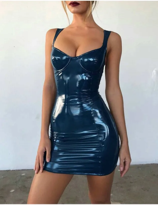 Sexy Women Black Leather Long Dresses Irregular Bodycon High Quality PU Leather Dresses For Ladies