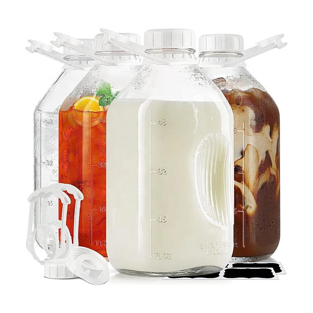 Wholesale 64 oz 2 Liters Milk Tea Bottle Milk Glass Bottle with Plastic Screw Cap