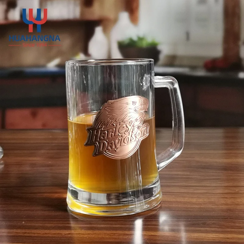 Large Water Drinking Cup for Tea Coffee Custom Logo Freezer Safe Clear Pint Glass Beer Mug with Handle and Metal Sticker