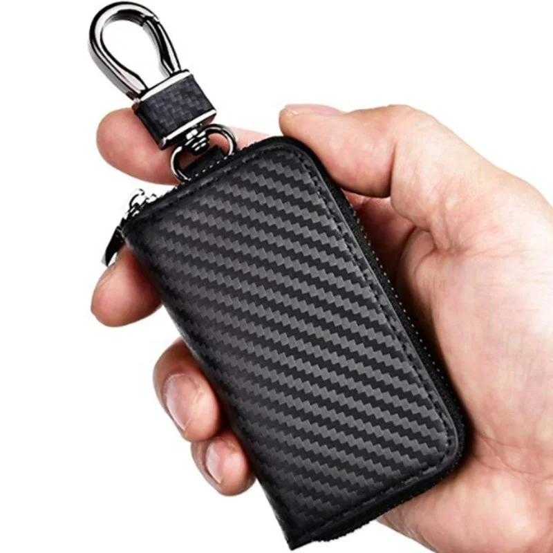 Unisex Mens Womens Premium Carbon Fiber Leather Car Key Holder Bag Personal Keychain Case Wallet Holder for branding