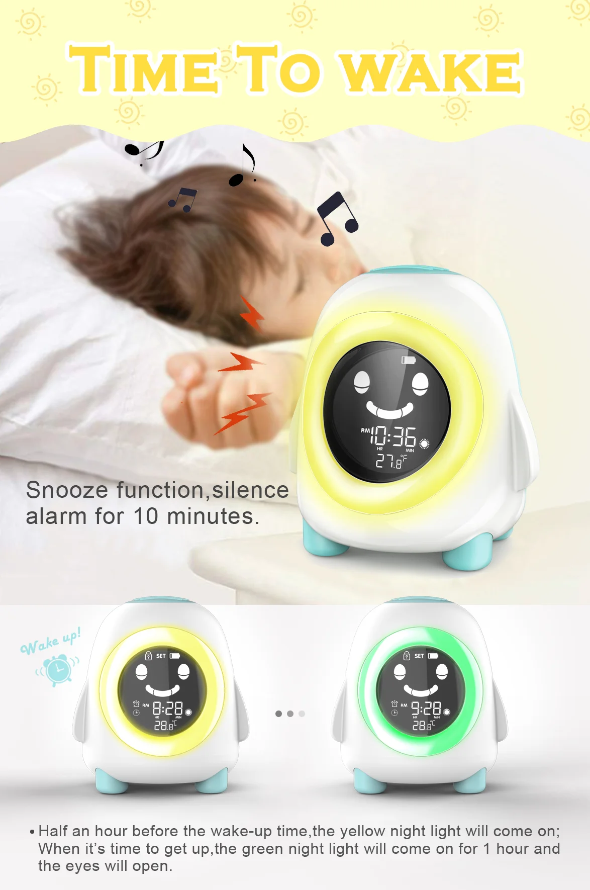 New sleep training ok to wake up kids alarm clock with colorful lights for bed room