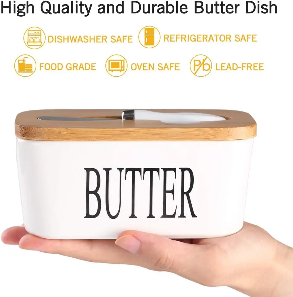 Hot Sale Large Ceramic Countertop Butter Container Ceramics with Wood Lid Kitchen-Friendly Butter Keeper Tray  for Food Storage