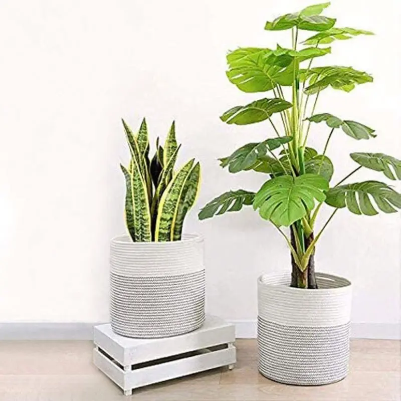 Cheap 3 Set Round Orange Large Weaving Fabric Felt Hanging Plant Laundry Cotton Rope Woven Storage Basket Bag With Long Handles