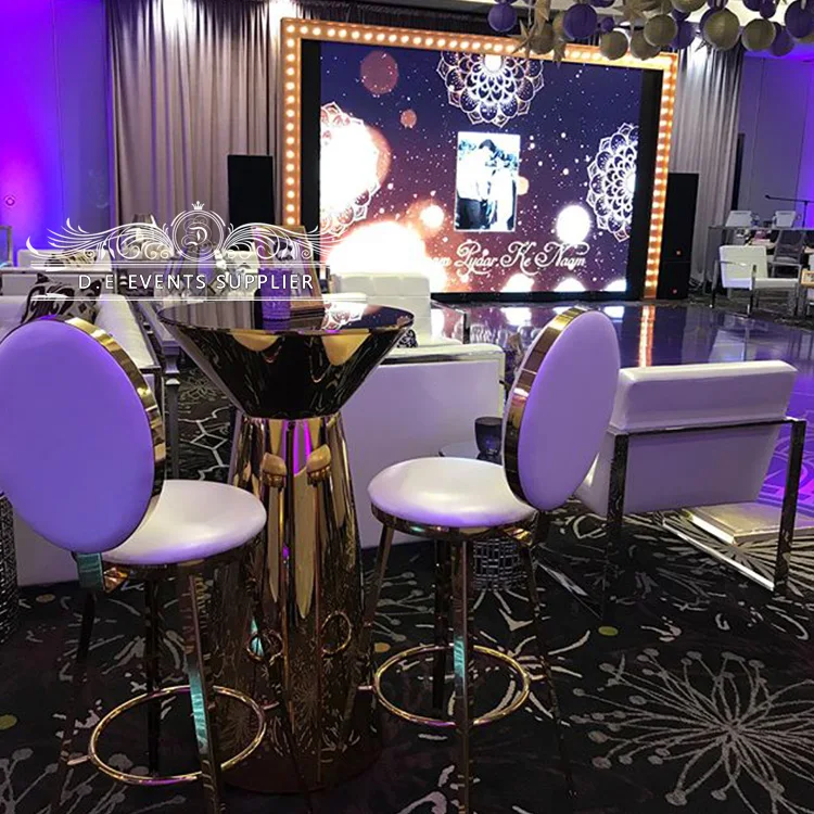 
2019 hot selling gold metal +glass high luxury cocktail bar table for wedding banquet 