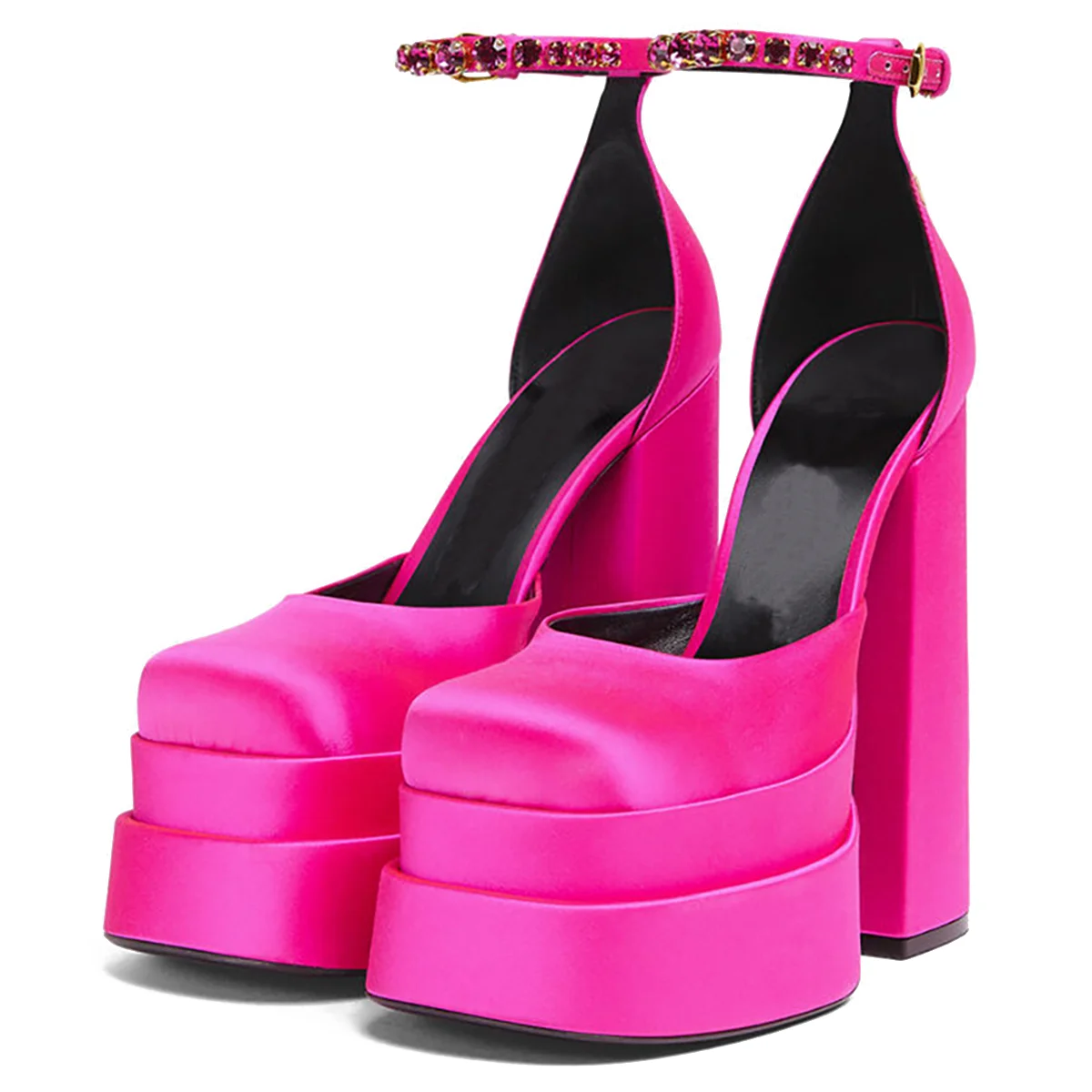 Customized Double Platforms Women Satin Chunky Heel Pumps Squaer Toe Rhinestone Ankle Strap Fashion Party Shoes Wholesale