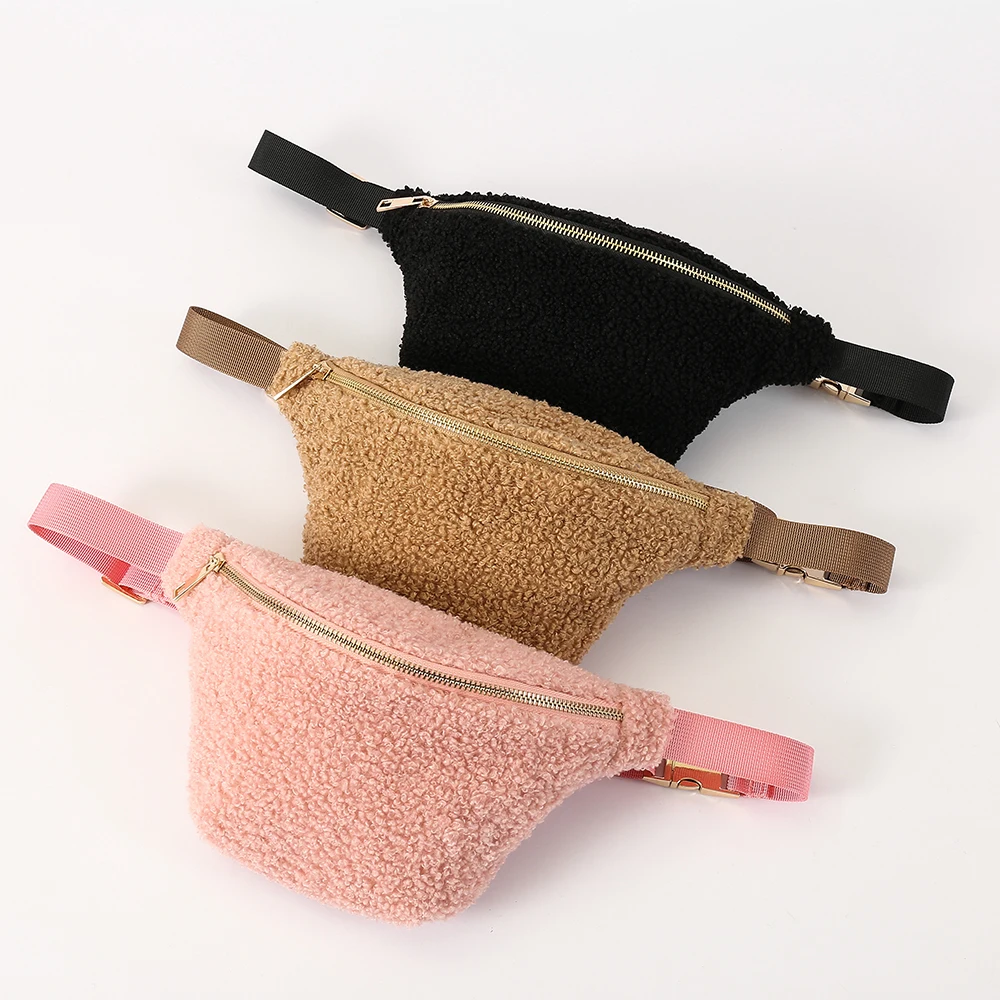 New Fashion Design Ladies Pink Cute Plush Fancy Straps Purse Sports Belt Bag Waist Bag Shoulder Bags Teddy Fanny Pack
