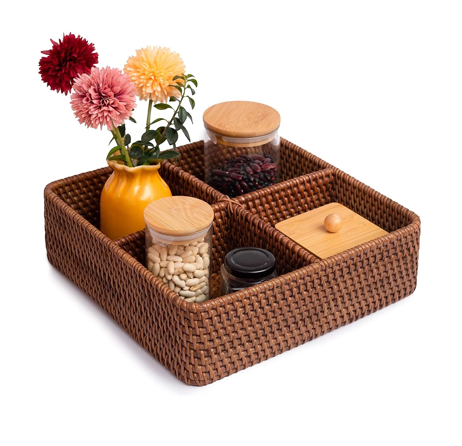 Прямоугольные квадратные круглые плетеные корзины с 4 отсеками для организации 4 разделителей темно-коричневая корзина для хранения из ротанга