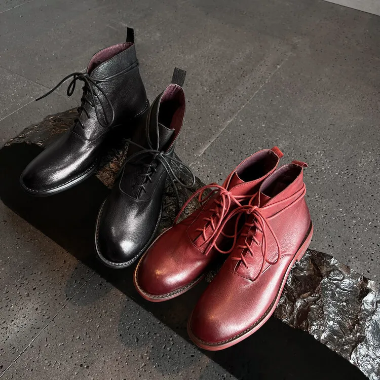 XINZI RAIN 2024 Style Female Short Boots Round Toe Genuine Leather 3cm Low Heel Women Full Leather Laceup Boots With Logo Custom