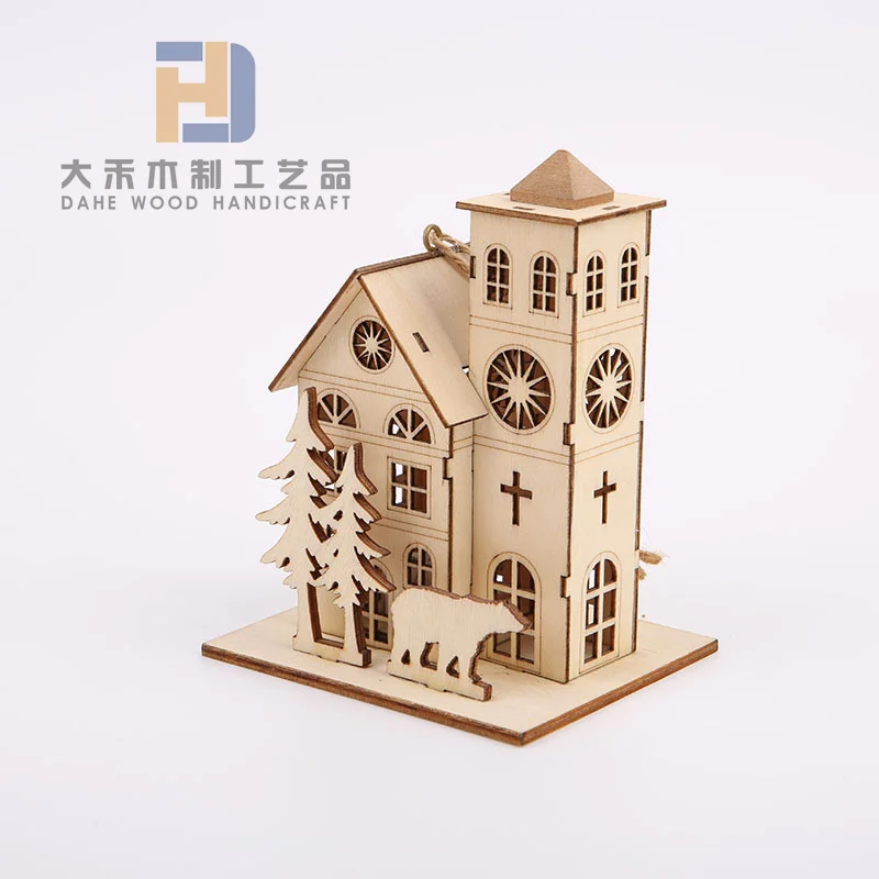 Christmas Atmosphere Laser Engraved Unfinished Wooden Miniature Houses with LED Light for DIY Crafts Xmas Decoration