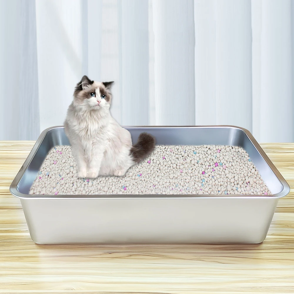 Lihong Pet Cat Clean Up sand box Big size Stainless steel skid proof Kitty litter pan Cat Toilet Box,Cat Litter Box