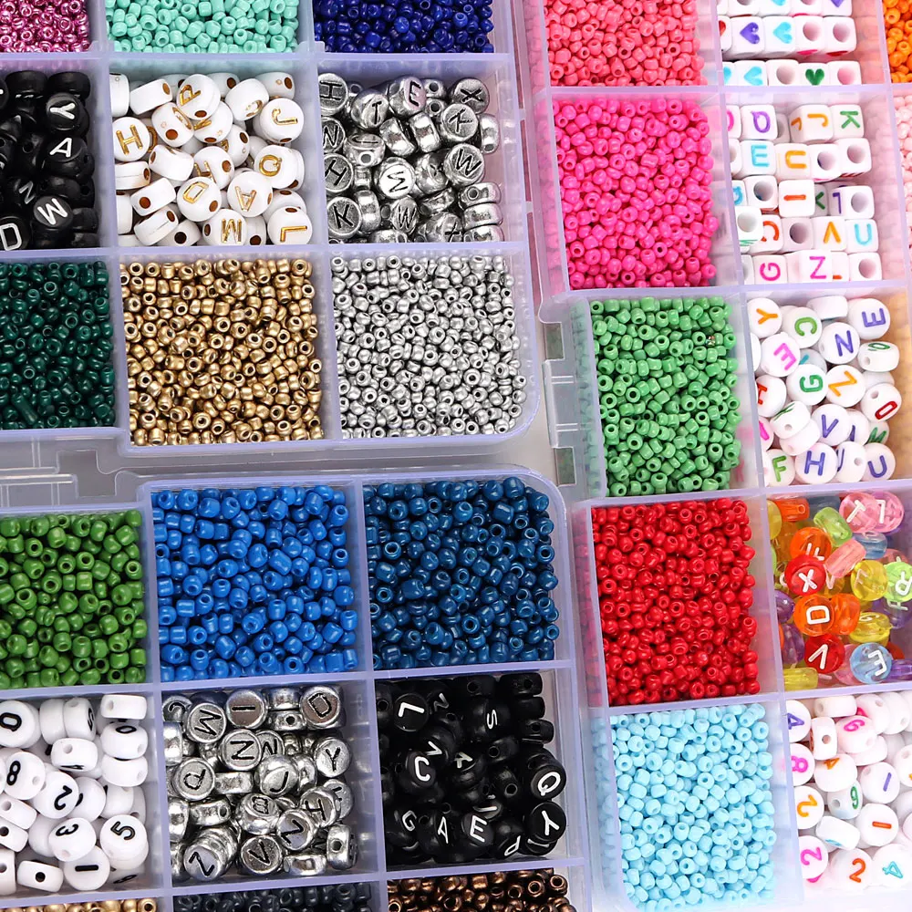 1800pcs DIY 4mm Glass Beads Set 250pcs 6mm Round Square Acrylic Alphabet Letter Beads Glass Seed Beads