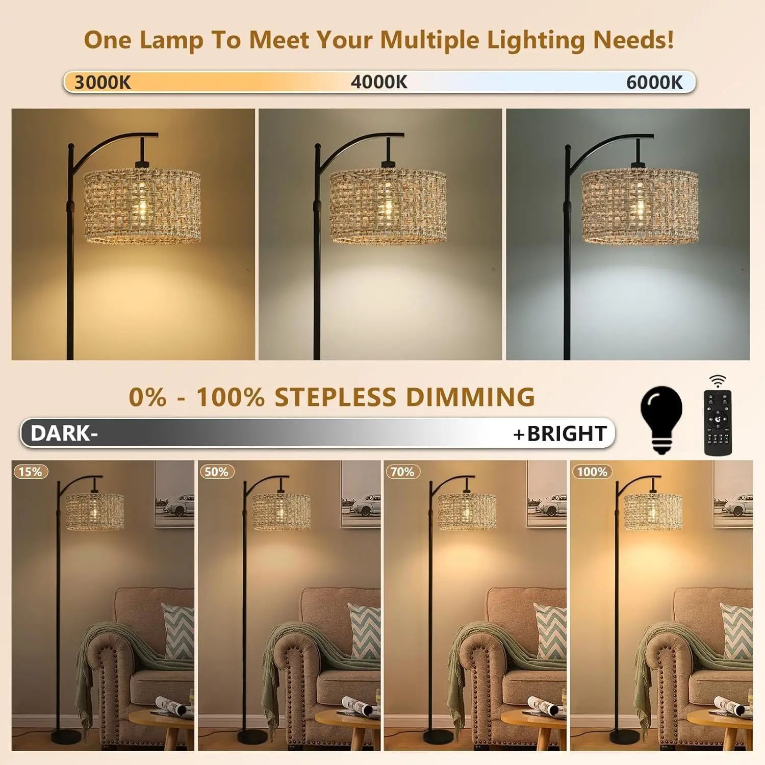 Boho Rattan Arc Standing Lamp With Remote Adjustable Industrial Floor Lamps Bohemian Decor for Living Room