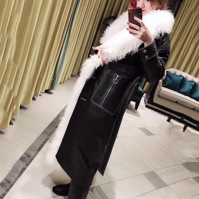 Women 100% Sheepskin Autumn And Winter Haining Leather Jacket Ladies Sheepskin Long Slim Windbreaker Jacket And Coat