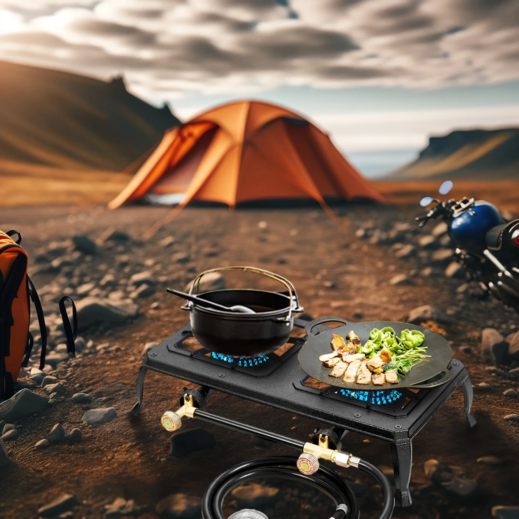 Portable Double Burner Cast Iron Camping Stove  Listed Regulator Gas Hose Outdoor BBQ Camping Cooking 2 Burner stove