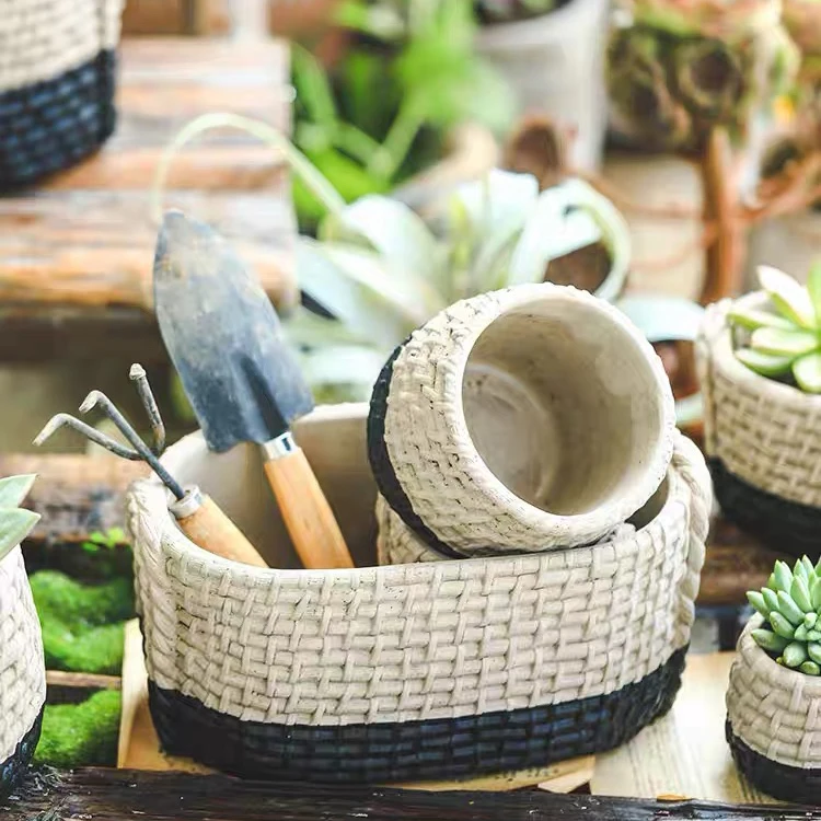 Household concrete woven storage basket green plants pots small black cement flowerpot round decorative garden plant flower pot