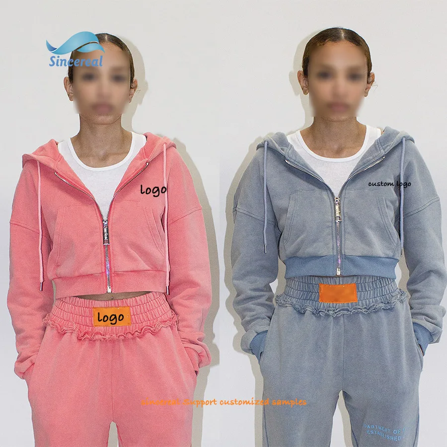 Custom Embroidered logo acid wash Women y2k Athletic Recycled fabric Cotton zip up Long Sleeve crop top Sweatshirts hoodie