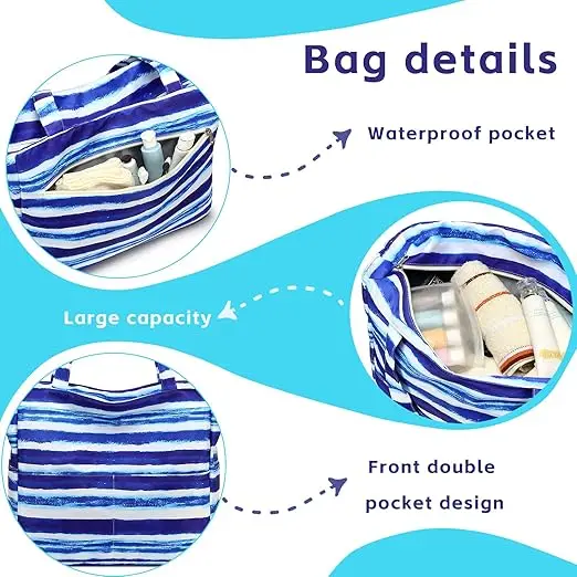 Large Tote Beach Bag Waterproof Sand proof Beach Pool Bag with Zipper and Wet Pockets Shoulder Bag