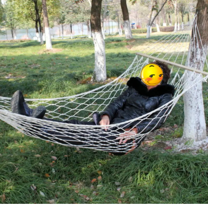 Outdoor Mesh Hammock Single Person Cotton Thread Solid Wood Indoor Swing Wooden Stick Rope Double Net Pocket