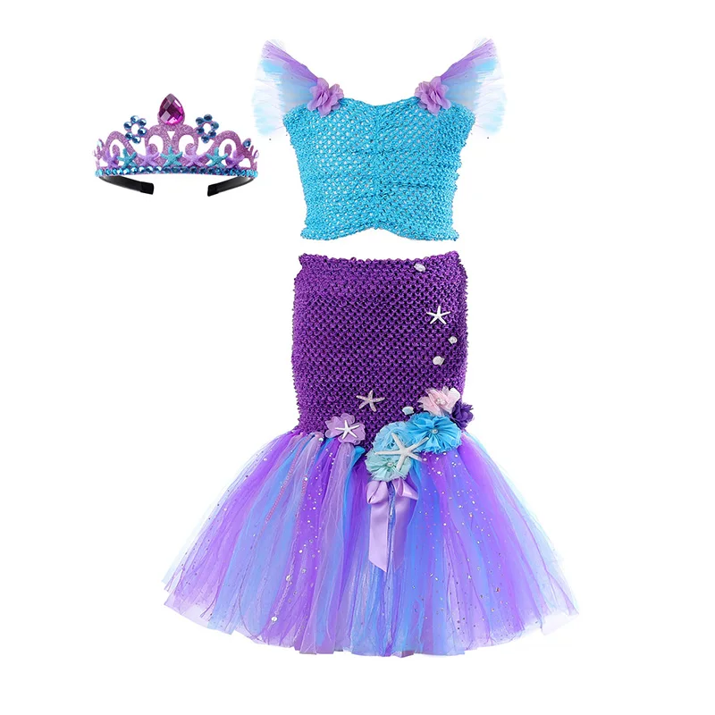 High Quality Princess Mermaid Tail Skirt Girls Fish Scales Flower Tulle Skirt Cosplay Costume