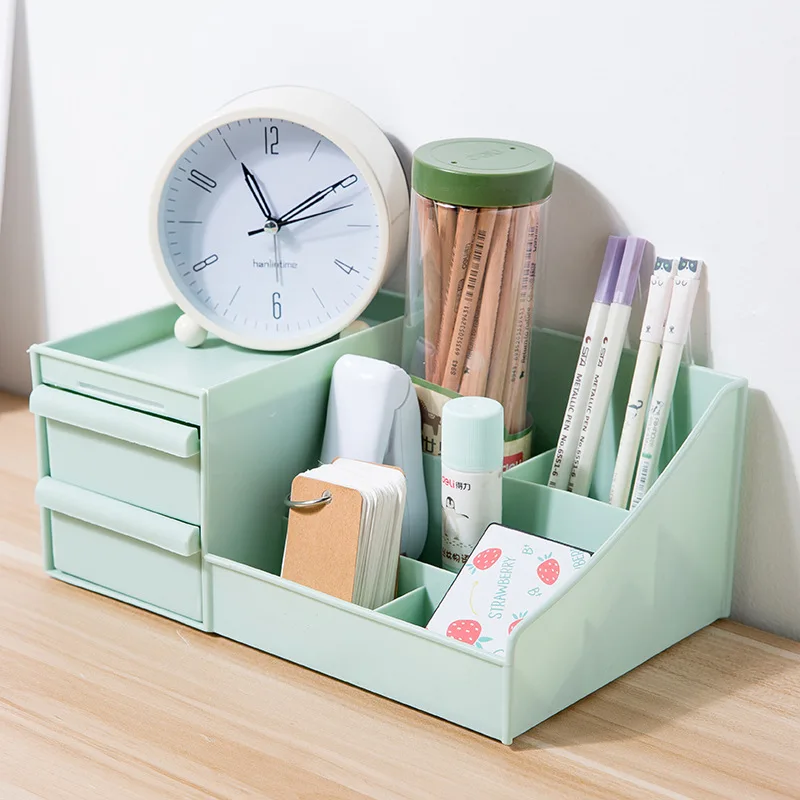 Desk Top Organizer Multipurpose Plastic Storage Box with 2 Drawes for Makeup Cosmetics Sundries Stationeries Office Supplies