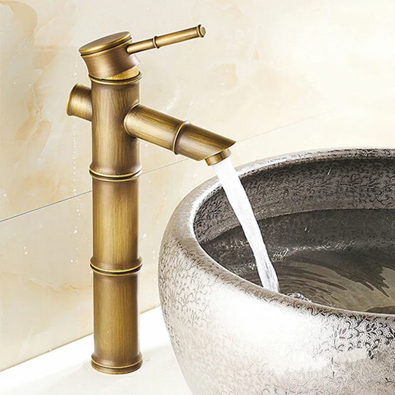 Classical Bamboo Shape Single Handle Basin Mixer Taps Bathroom Brass Antique Hot Cold Waterfall Wash Basin Tap
