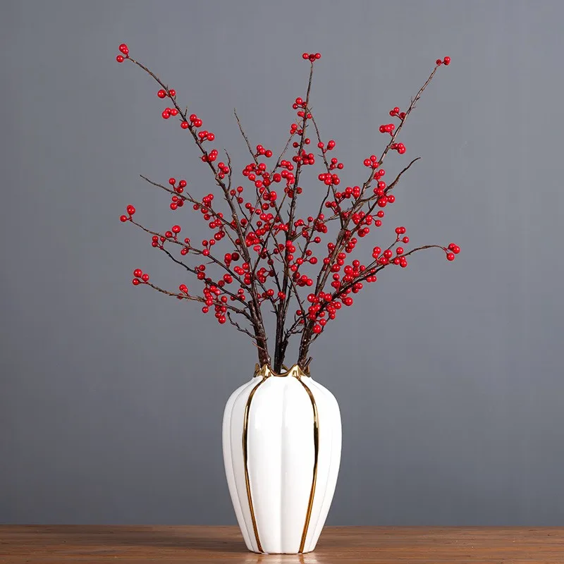 Artificial Faux Twig Red Berry Stem Fake Holly Branch For Home Floral Decor Party Table Centerpiece Arrangement