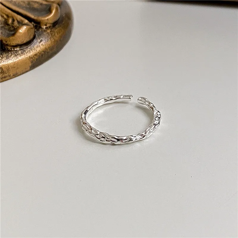 INS Simple 925 Sterling Silver Tin Foil Texture Open Adjustable Rings For Girls Fine Jewelry