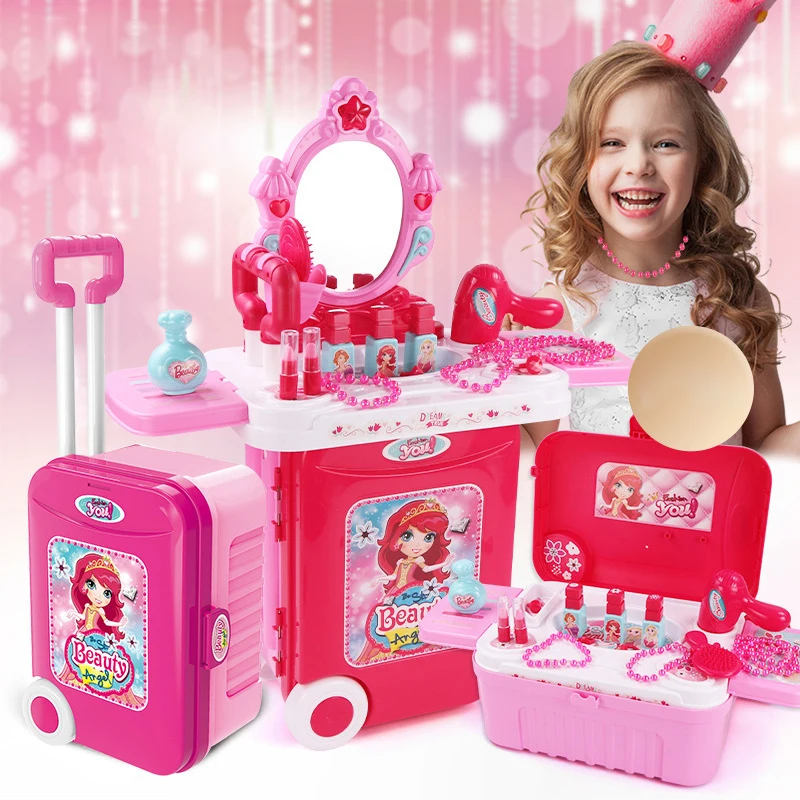 Hot Sell Girl Cosmetic Pretend Play Toy House 3 IN 1 Set Trolley Suitcase Make Up Toy For Girl