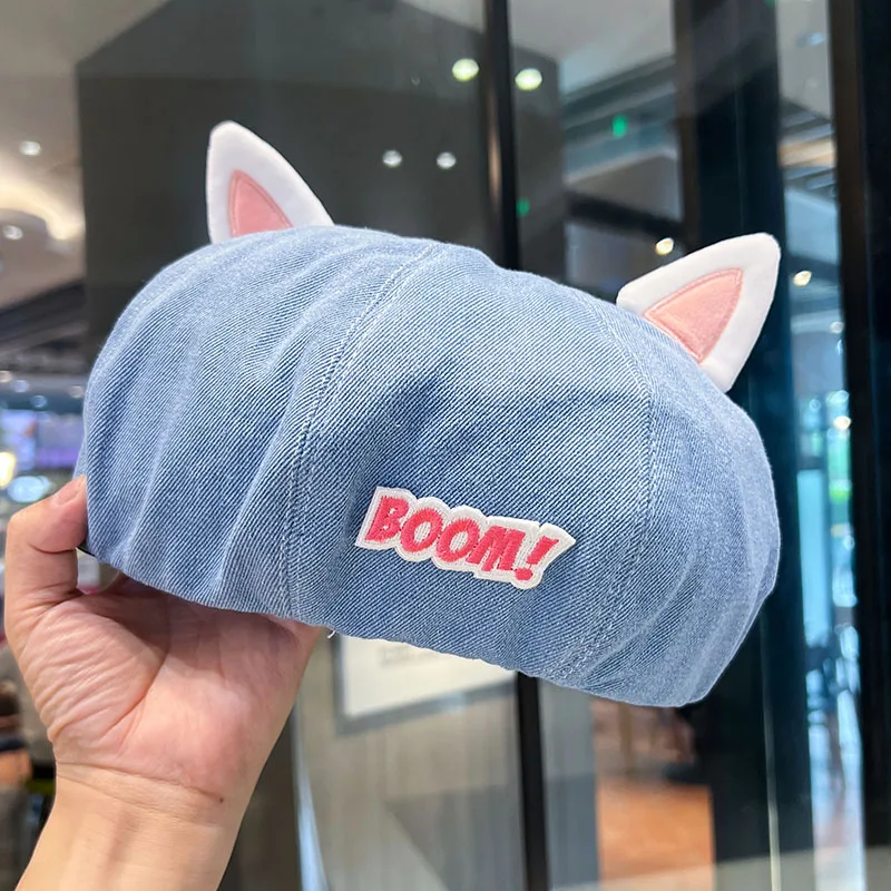 ChanBol cute berets autumn patch embroidery leather red fur blue beret for ladies