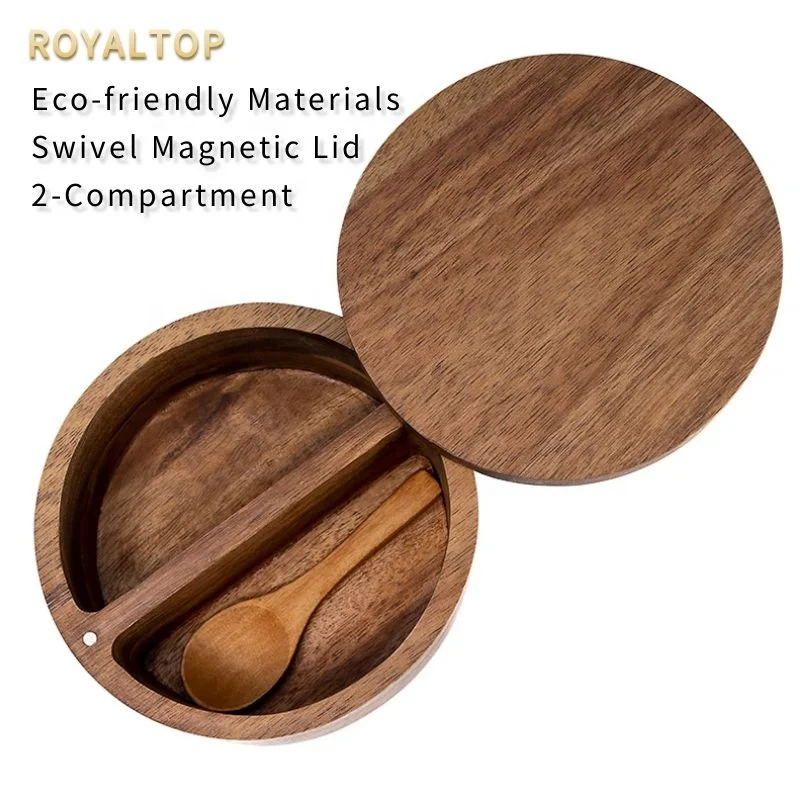 Spice Condiment Holder Wooden Spice Box 2 Compartment Salt and Pepper Cellar Wood Spice Bowls With Lid & Spoon