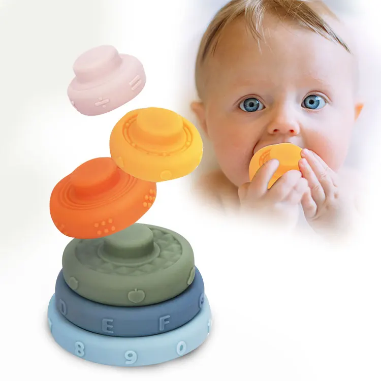 6 Pcs Early Educational Toys Practice Grab BPA Free Blocks Christmas Gift Relief Soft Stacking RingsToy Silicone Teether