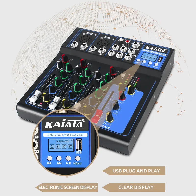 KAIKA F4-MB-5 мини 4-канальный аудио микшер консоль 48 В с USB-плеером интерфейс звуковой карты
