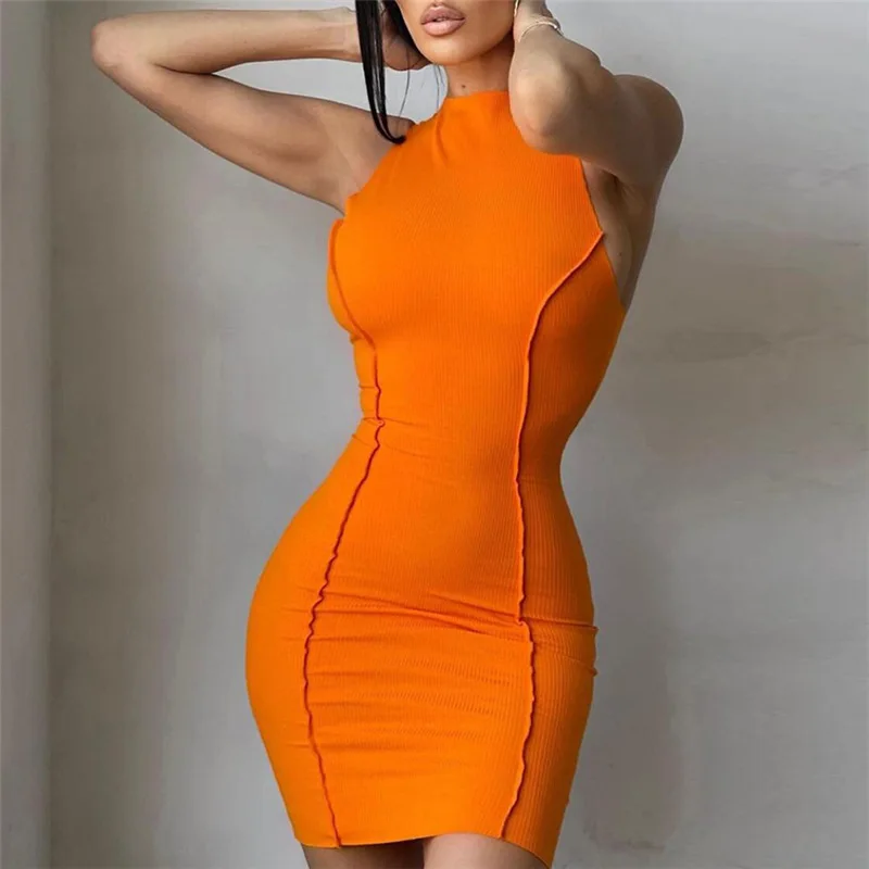 2022 Newest Plain Butt-Lift Stitching One Piece Dress Casual Sleeveless Knit Bodycon Dress Women
