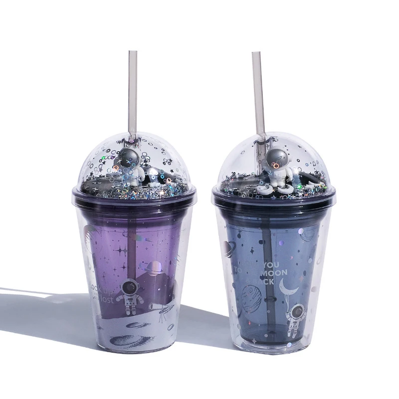 BPA-free High-quality Bling Bling Space Travel Double Wall Plastic Drinking Coffee Cup with Lids Cover and Straws