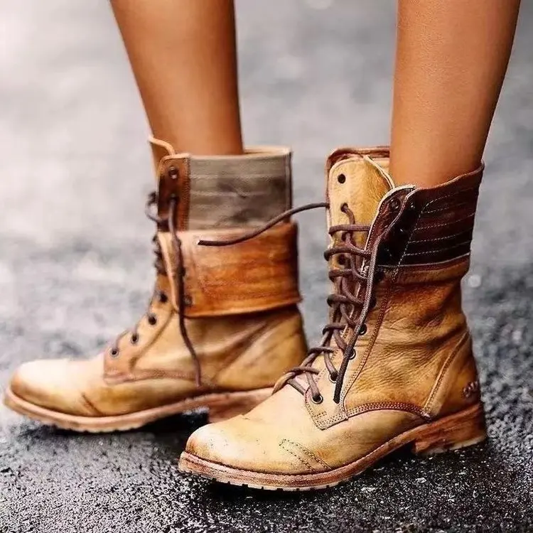 2020 Women Ladies Military Boots Mid Calf Lace Up Combat Ankle Boots