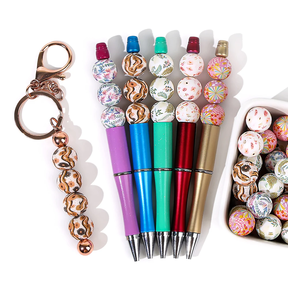 Custom Bpa Free Bulk Silicone Silicon Beads Teething 12mm 15mm Food Grade Bulk Printed Silicone Beads For Pen Jewelry Making