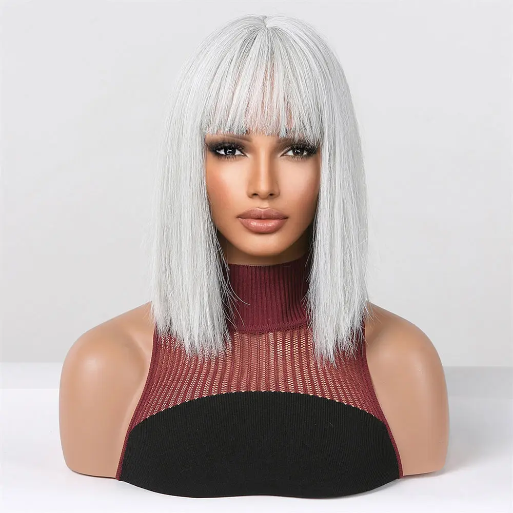 Wholesale White Silver Short Straight Synthetic Wigs with Bangs Platinum Blonde Bob synthetic hair braiding wigs for african