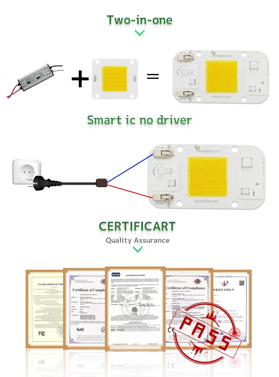 Newspectrum 4075 LED Encapsulation Series Solderless Connector AC110V 220V 50w LED Chip Outdoor light COB LED Chip 50W