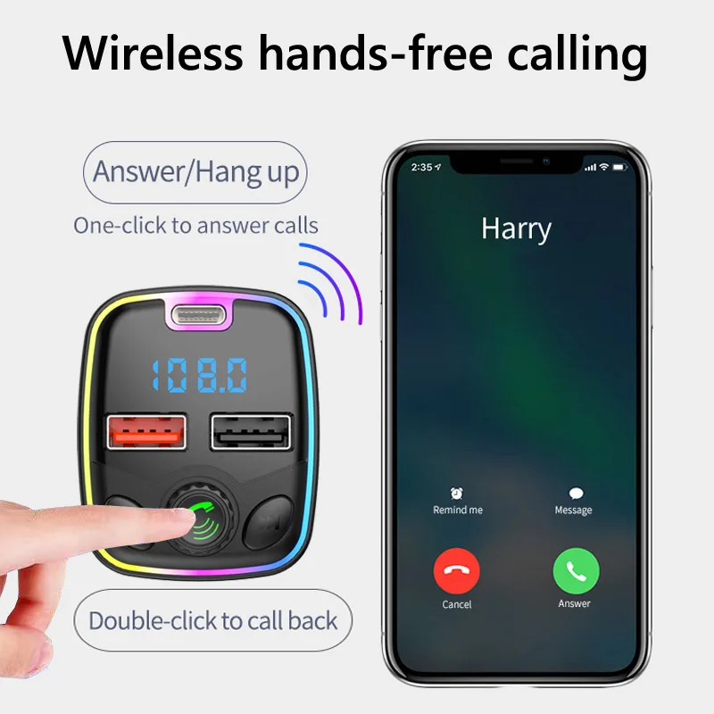 2022 Hot Car Type-c Charger Hands Free Calling Dual Usb Ports 85-108 Bt5.0 Bluetooth-mp3 Player Fm Transmitter