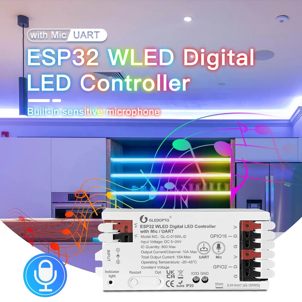 Gledopto 2024 New ESP32 WLED Digital LED Controller GL-C-015WL-D Microphone function Uart download suit for TM1814 light strip