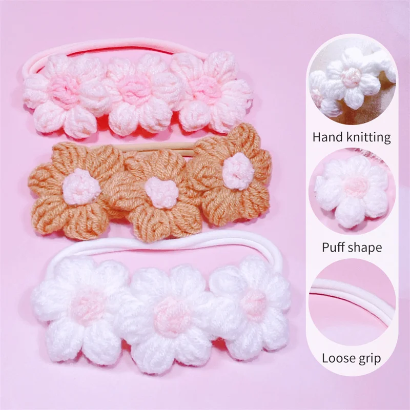Handmade Crochet Sunflower Children Elastic Hairbands Woolen Kid Hair Accessories New Nylon Headbands