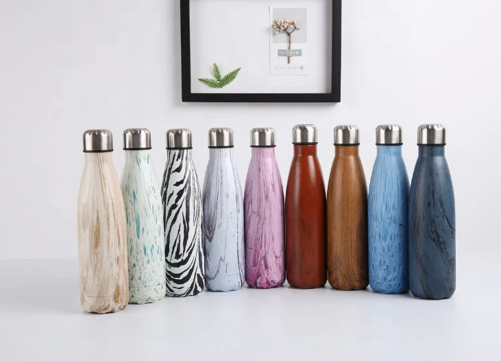 best selling 500ml customized cola shape stainless steel vacuum flask with air transfer print full cover design