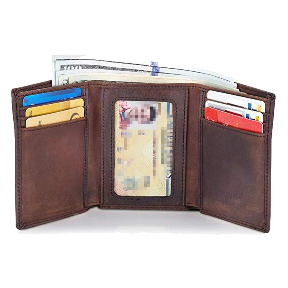 Tri-fold Vintage Men Leather Wallet OEM Handmade Leather Wallet
